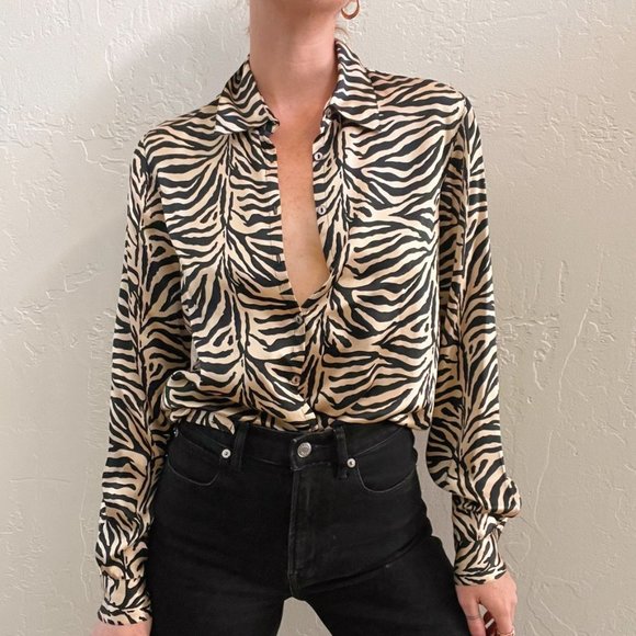 Y2K 100% Silk Zebra/Animal Print Long Sleeve Button Up Top - Picture 1 of 8